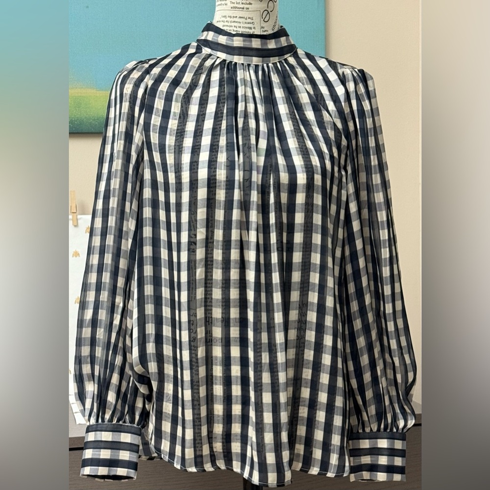 NEW H&M Career Navy Cream Sheer Gingham Long Sleeve High Neck Blouse M
